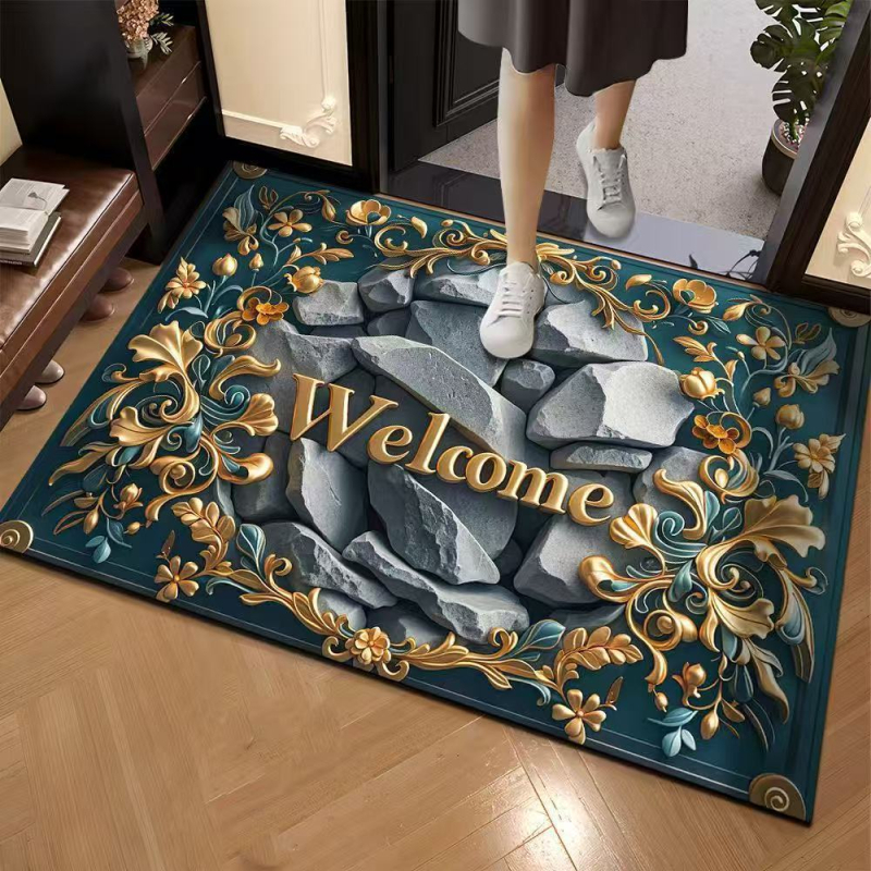 Covoraș de intrare cu model 3D în piatră, din cauciuc natural, absorbant, pentru hol și baie