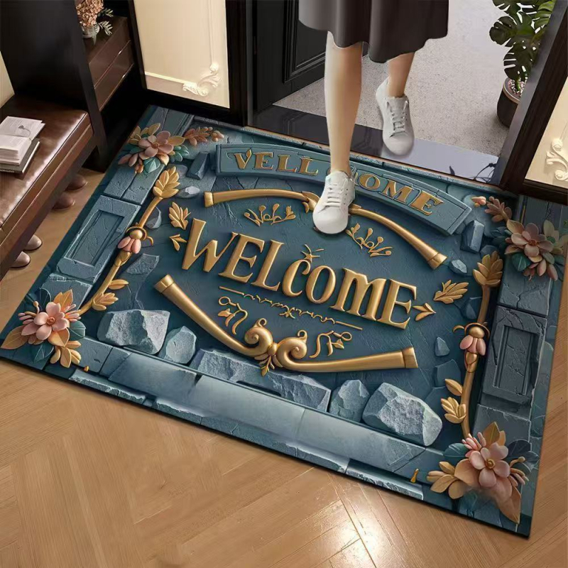 Covoraș de intrare cu model 3D în piatră, din cauciuc natural, absorbant, pentru hol și baie