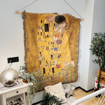 Gobelenas: Klimt įkvėptas nordiško stiliaus abstraktus paveikslas, audinio mišinys 91–100% medvilnė, stačiakampis, rankų plovimas, svetainės dekorui.