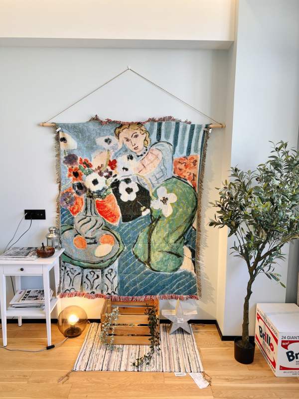 Gobelenas: Klimt įkvėptas nordiško stiliaus abstraktus paveikslas, audinio mišinys 91–100% medvilnė, stačiakampis, rankų plovimas, svetainės dekorui.