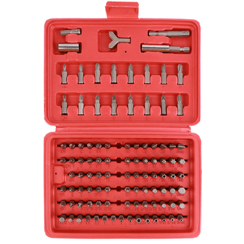 100 vienetų atsuktuvų bitų rinkinys su pratęsimo kotais — 45# plienas, chromo-karbon plienas, Philips, plokščias ir Torx
