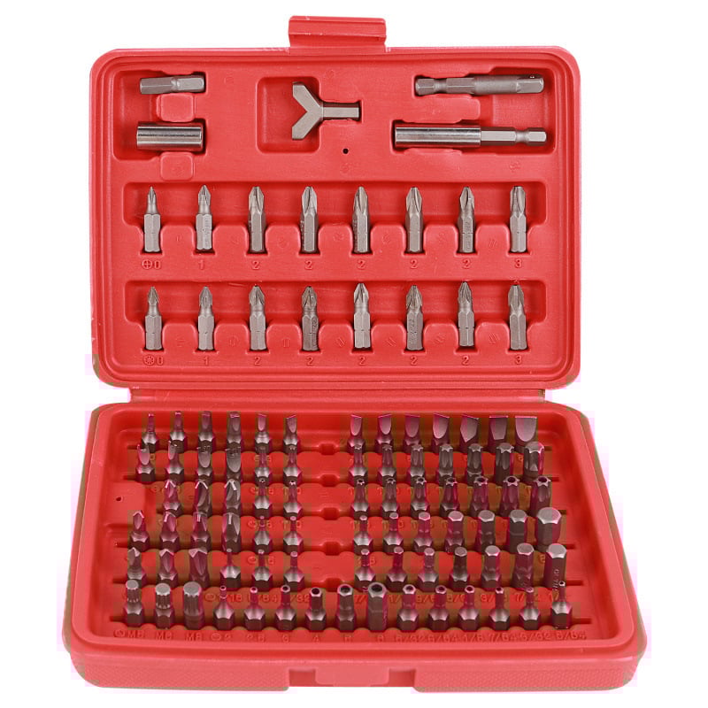 100 vienetų atsuktuvų bitų rinkinys su pratęsimo kotais — 45# plienas, chromo-karbon plienas, Philips, plokščias ir Torx
