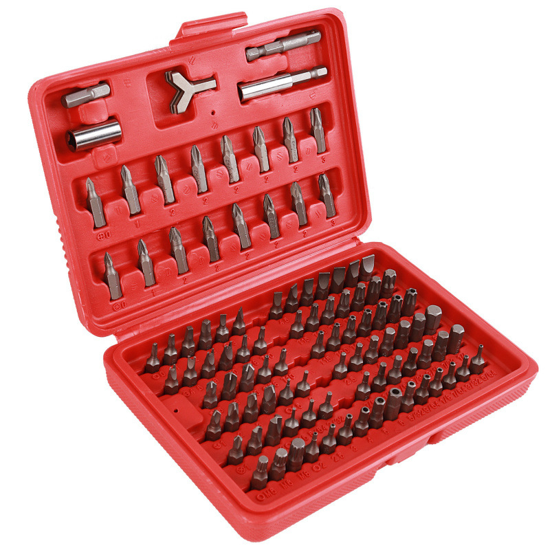 100 vienetų atsuktuvų bitų rinkinys su pratęsimo kotais — 45# plienas, chromo-karbon plienas, Philips, plokščias ir Torx
