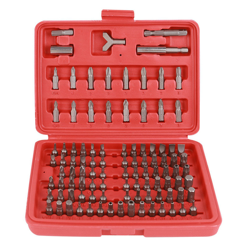 100 vienetų atsuktuvų bitų rinkinys su pratęsimo kotais — 45# plienas, chromo-karbon plienas, Philips, plokščias ir Torx