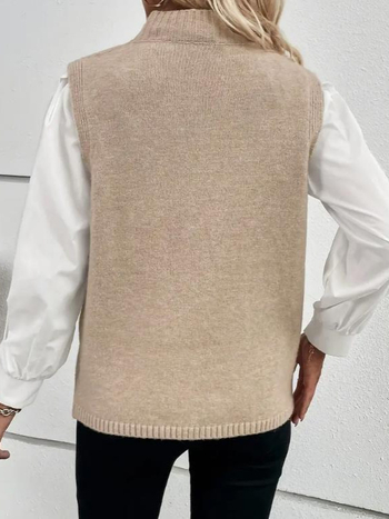 Γυναικείο πλεκτό γιλέκο, μεσαίου μήκους, χωρίς μανίκια, με standing collar, μονόχρωμο, 95% πολυεστέρας