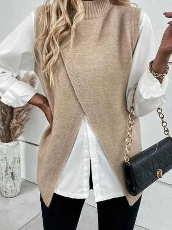 Γυναικείο πλεκτό γιλέκο, μεσαίου μήκους, χωρίς μανίκια, με standing collar, μονόχρωμο, 95% πολυεστέρας