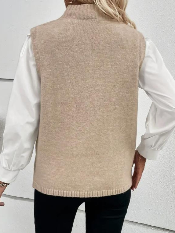 Γυναικείο πλεκτό γιλέκο, μεσαίου μήκους, χωρίς μανίκια, με standing collar, μονόχρωμο, 95% πολυεστέρας