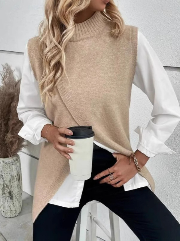 Γυναικείο πλεκτό γιλέκο, μεσαίου μήκους, χωρίς μανίκια, με standing collar, μονόχρωμο, 95% πολυεστέρας