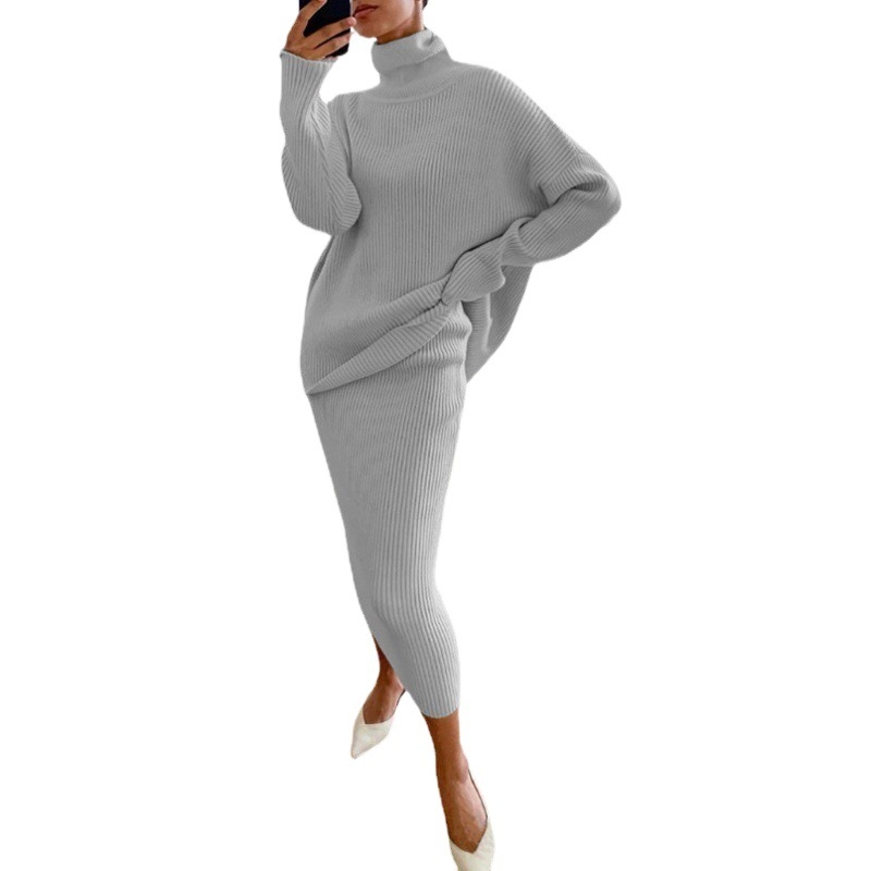 Rochie-costum midi pentru femei, culoare solidă, mânecă lungă, amestec din bumbac, 95% poliester, toamna 2024