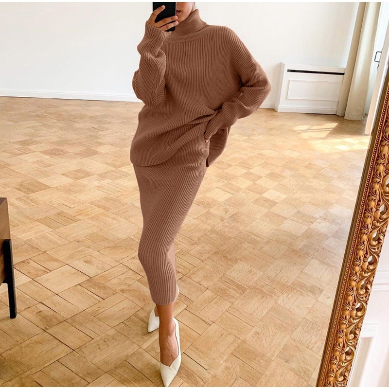 Rochie-costum midi pentru femei, culoare solidă, mânecă lungă, amestec din bumbac, 95% poliester, toamna 2024