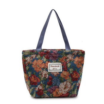 Γυναικεία τσάντα tote από καμβά σε στυλ λαϊκό-εθνικό, με φερμουάρ, οριζόντιου τετράγωνου σχήματος