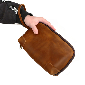 MaDonNo Мъжки кожен клъч — Vintage Crazy Horse кожа, едноцветен модел, антикрадба, водоустойчив, ултралек, с каишка за китката