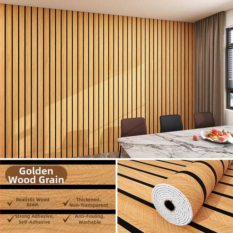 Savarankiškai klijuojama PVC sienų danga su medžio faktūra ir grotelės raštu, atspari vandeniui ir drėgmei, skirtas svetainės televizoriaus fono sienai