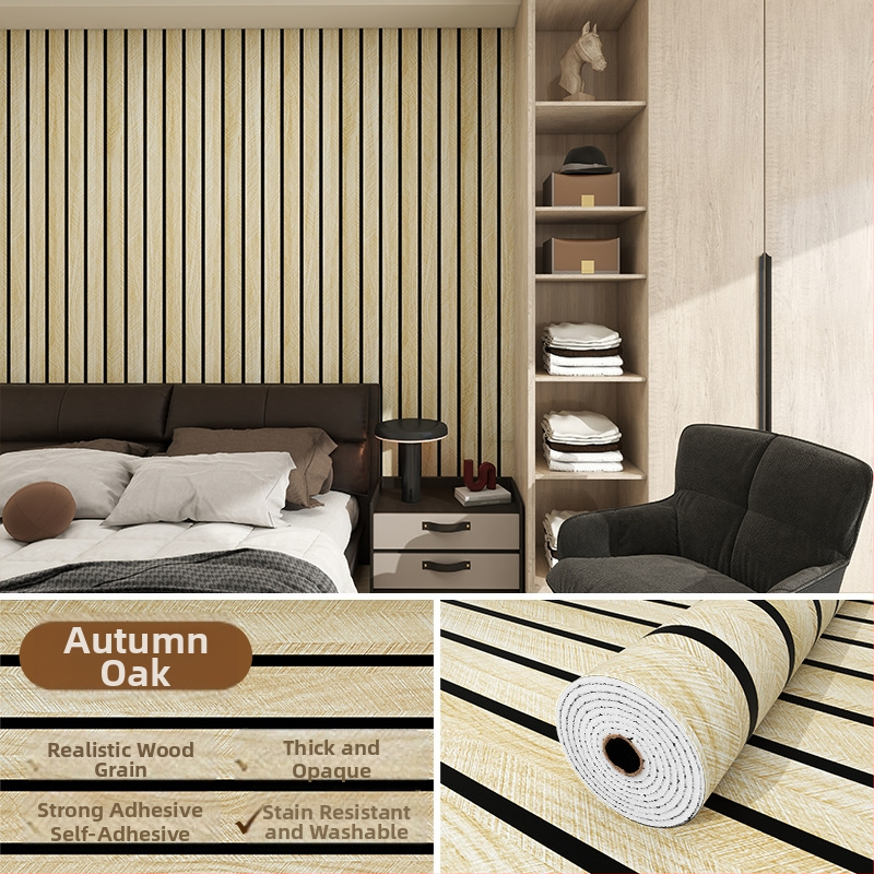 Savarankiškai klijuojama PVC sienų danga su medžio faktūra ir grotelės raštu, atspari vandeniui ir drėgmei, skirtas svetainės televizoriaus fono sienai