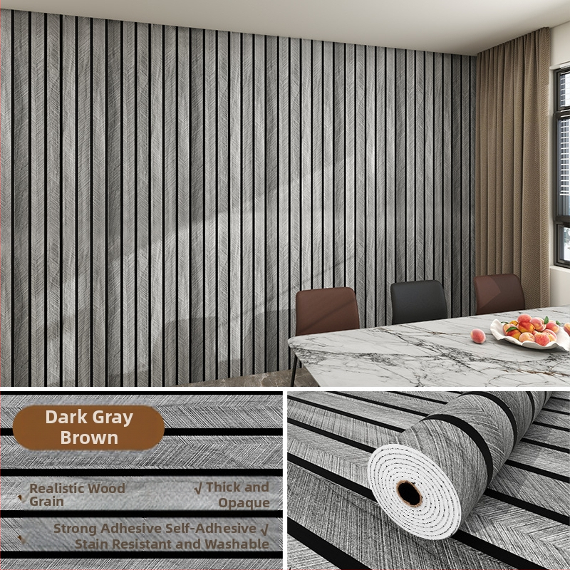 Savarankiškai klijuojama PVC sienų danga su medžio faktūra ir grotelės raštu, atspari vandeniui ir drėgmei, skirtas svetainės televizoriaus fono sienai