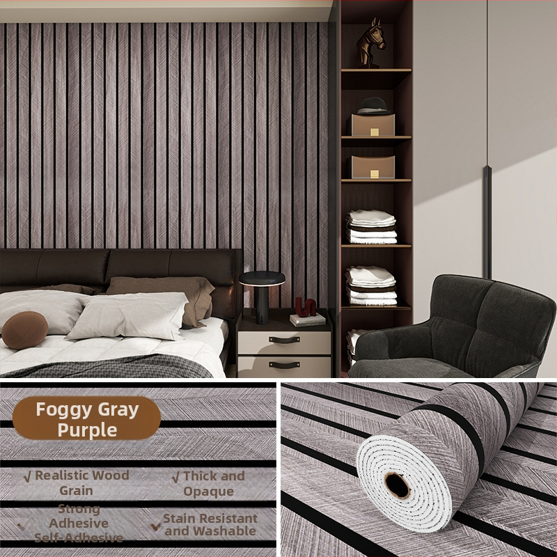 Savarankiškai klijuojama PVC sienų danga su medžio faktūra ir grotelės raštu, atspari vandeniui ir drėgmei, skirtas svetainės televizoriaus fono sienai