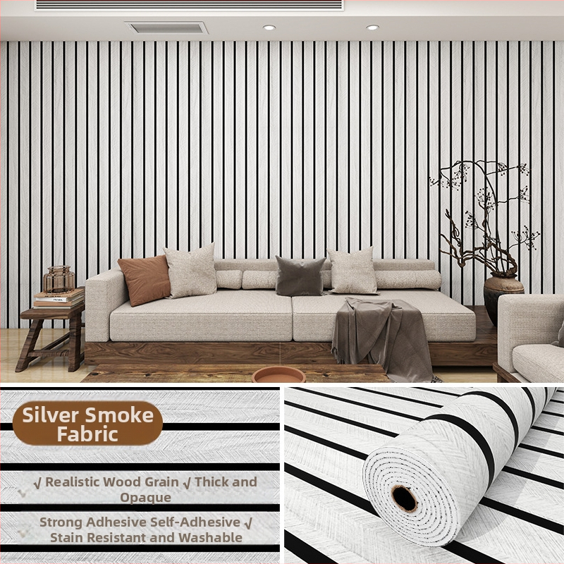 Savarankiškai klijuojama PVC sienų danga su medžio faktūra ir grotelės raštu, atspari vandeniui ir drėgmei, skirtas svetainės televizoriaus fono sienai