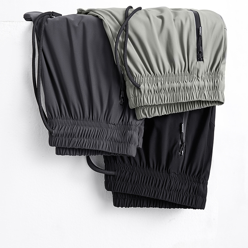 Pantaloni casual de vară Ice Silk pentru bărbați, drepti, talie medie, închidere cu șnur, material stretch, uni, sport casual