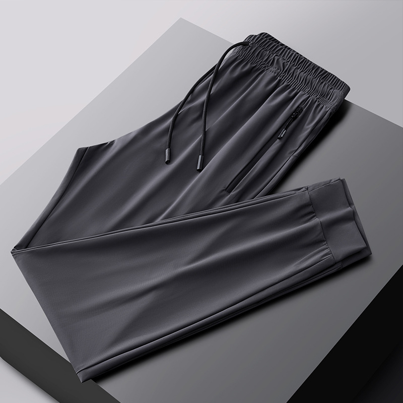 Pantaloni casual de vară Ice Silk pentru bărbați, drepti, talie medie, închidere cu șnur, material stretch, uni, sport casual