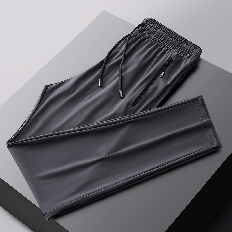 Pantaloni casual de vară Ice Silk pentru bărbați, drepti, talie medie, închidere cu șnur, material stretch, uni, sport casual