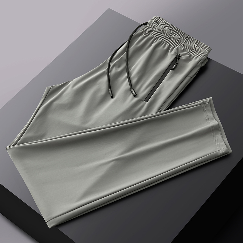 Pantaloni casual de vară Ice Silk pentru bărbați, drepti, talie medie, închidere cu șnur, material stretch, uni, sport casual