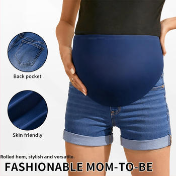 Moterų nėštumo džinsiniai šortai – pilvo parama, trijų ketvirčių ilgio, mikroelastiniai, siauras kirpimas, medvilnė 50–70% ir poliesteris 30–50%, vasara 2025