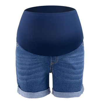 Moterų nėštumo džinsiniai šortai – pilvo parama, trijų ketvirčių ilgio, mikroelastiniai, siauras kirpimas, medvilnė 50–70% ir poliesteris 30–50%, vasara 2025