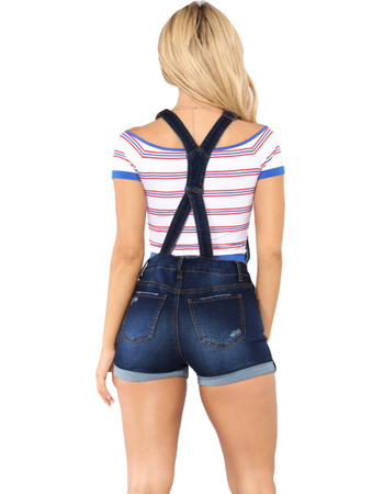 Farmernadrág vállpántos rövidnadrág, magas derekú, szakadt szegély, elasztikus anyag