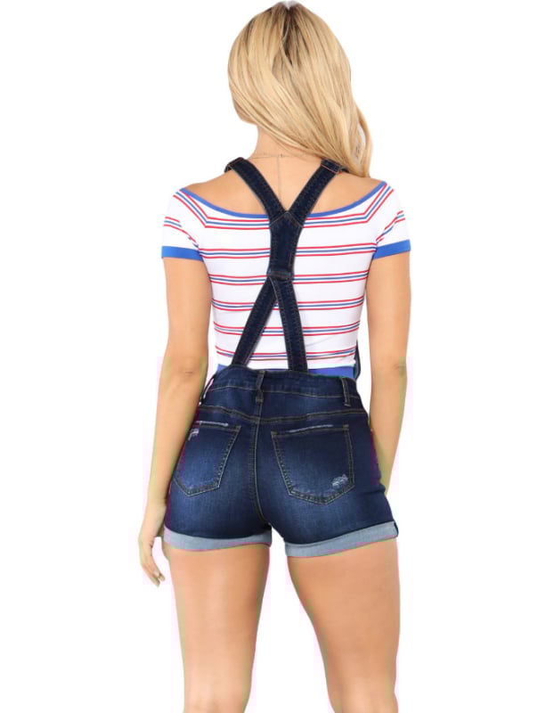 Farmernadrág vállpántos rövidnadrág, magas derekú, szakadt szegély, elasztikus anyag