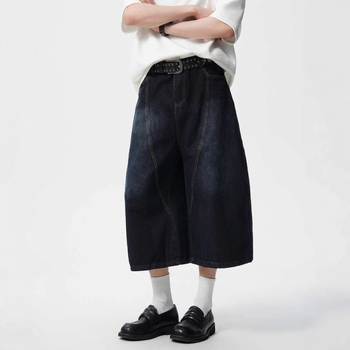 Γυναικείοι τζίν σε αμερικανικό ρετρό στυλ με κέντημα και patchwork σε σχήμα σμιταρ, ψηλόμεσα, φαρδιά παντελόνι, κοντό μήκος