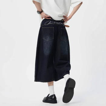 Γυναικείοι τζίν σε αμερικανικό ρετρό στυλ με κέντημα και patchwork σε σχήμα σμιταρ, ψηλόμεσα, φαρδιά παντελόνι, κοντό μήκος