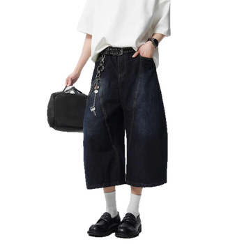 Γυναικείοι τζίν σε αμερικανικό ρετρό στυλ με κέντημα και patchwork σε σχήμα σμιταρ, ψηλόμεσα, φαρδιά παντελόνι, κοντό μήκος