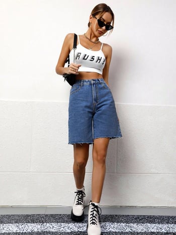 Traper šorts s visokim strukom, isprani traper, ravni kroj, 80-90% spandeks, urban hipster stil