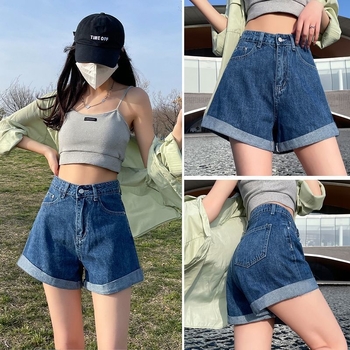 Τζιν σορτς με υψηλή μέση - Hot pants, Καλοκαίρι 2025, Στυλ δρόμου hipster, Βαμβακερό ύφασμα 50–70%