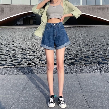 Τζιν σορτς με υψηλή μέση - Hot pants, Καλοκαίρι 2025, Στυλ δρόμου hipster, Βαμβακερό ύφασμα 50–70%