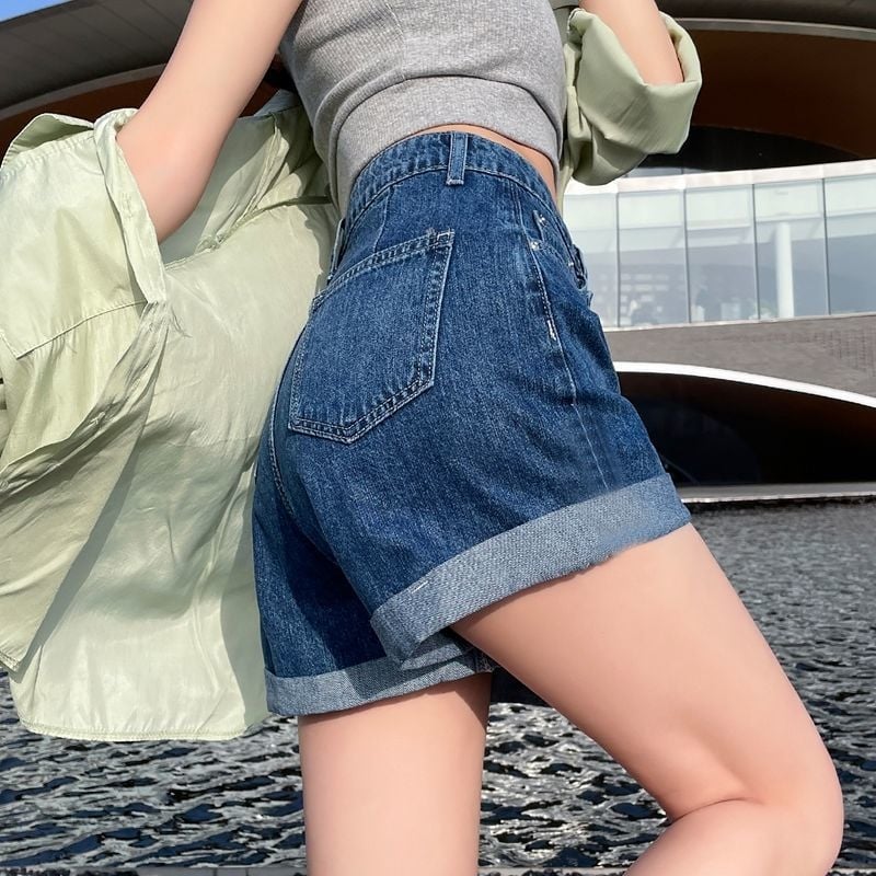 Τζιν σορτς με υψηλή μέση - Hot pants, Καλοκαίρι 2025, Στυλ δρόμου hipster, Βαμβακερό ύφασμα 50–70%