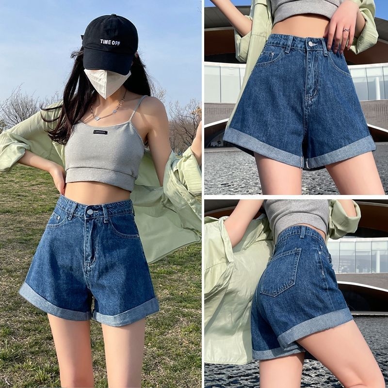 Τζιν σορτς με υψηλή μέση - Hot pants, Καλοκαίρι 2025, Στυλ δρόμου hipster, Βαμβακερό ύφασμα 50–70%