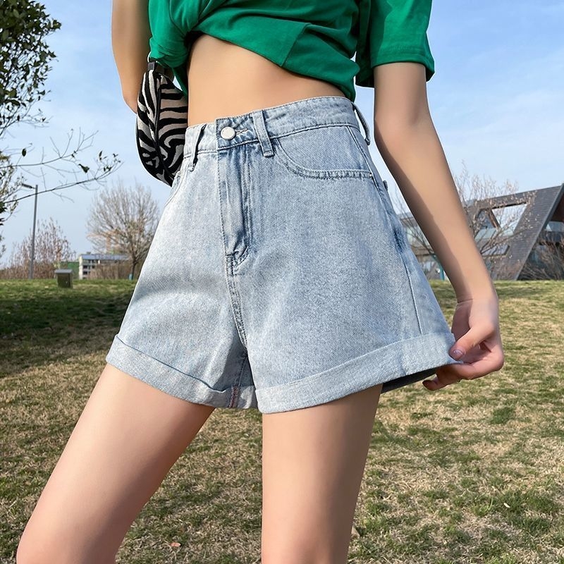 Τζιν σορτς με υψηλή μέση - Hot pants, Καλοκαίρι 2025, Στυλ δρόμου hipster, Βαμβακερό ύφασμα 50–70%