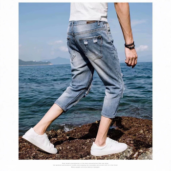 Мъжки дънкови къси панталони с 3/4 дължина – корейски стил, тънък силует, с дупки, средна талия