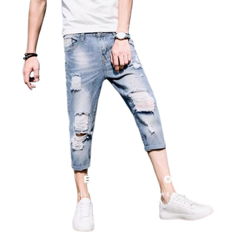 Мъжки дънкови къси панталони с 3/4 дължина – корейски стил, тънък силует, с дупки, средна талия