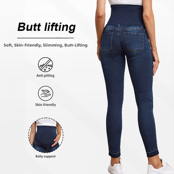 Nėščiųjų džinsinės kelnės su aukštu juosmeniu ir pilvo palaikymu, siauras kirpimas, mikroelastinis audinys (džinsas; medvilnė 50–70%; poliesteris 30–50%)