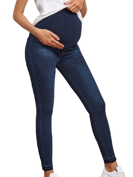 Nėščiųjų džinsinės kelnės su aukštu juosmeniu ir pilvo palaikymu, siauras kirpimas, mikroelastinis audinys (džinsas; medvilnė 50–70%; poliesteris 30–50%)