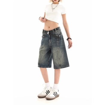 Női farmer rövidnadrág, Amerikai retro Five-Point Wide-Leg, Harajuku/Koreai lazító stílus, egyenes szabás, öt hosszúságú fazon, pamut-poliészter denim