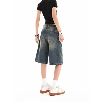 Női farmer rövidnadrág, Amerikai retro Five-Point Wide-Leg, Harajuku/Koreai lazító stílus, egyenes szabás, öt hosszúságú fazon, pamut-poliészter denim