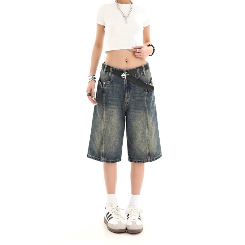 Női farmer rövidnadrág, Amerikai retro Five-Point Wide-Leg, Harajuku/Koreai lazító stílus, egyenes szabás, öt hosszúságú fazon, pamut-poliészter denim