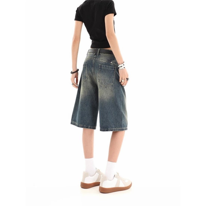 Női farmer rövidnadrág, Amerikai retro Five-Point Wide-Leg, Harajuku/Koreai lazító stílus, egyenes szabás, öt hosszúságú fazon, pamut-poliészter denim