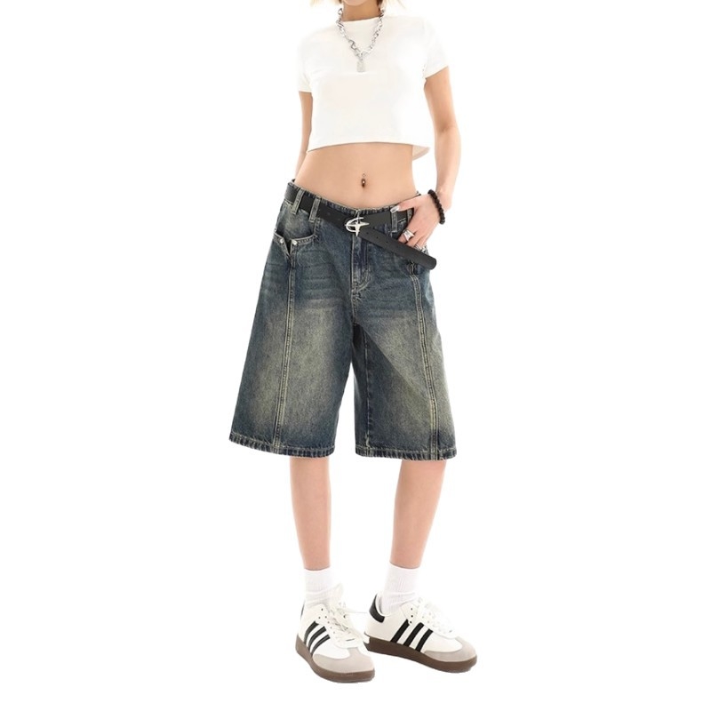 Női farmer rövidnadrág, Amerikai retro Five-Point Wide-Leg, Harajuku/Koreai lazító stílus, egyenes szabás, öt hosszúságú fazon, pamut-poliészter denim