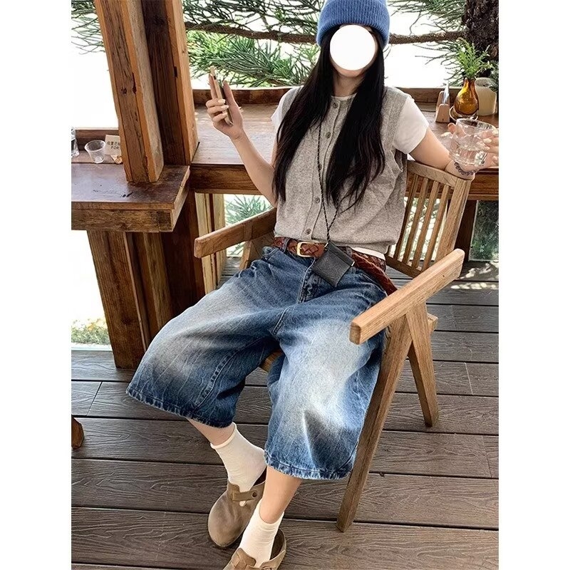 Denim šorts s visokim strukom, pamuk tkanina, lagani materijal, casual stil