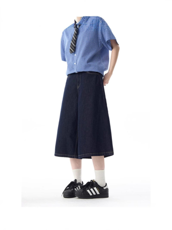 Дънки деним със права кройка, къс крачол, средна талия, цип, памучен деним