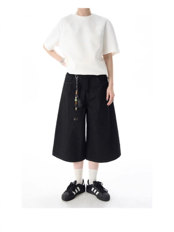 Дънки деним със права кройка, къс крачол, средна талия, цип, памучен деним